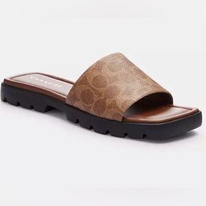 Coach Women's Signature Canvas Leather Brown Slide Sandals